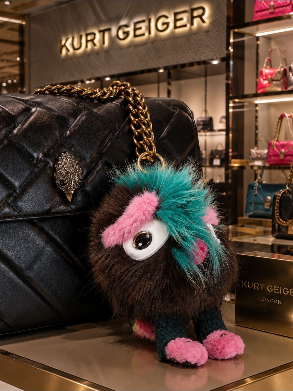 Kurt Geiger Teal, Pink & Brown Furry Monster Bag Charm - Picture 2 of 3